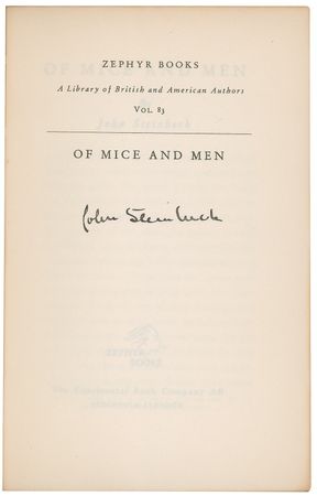Lot #733 John Steinbeck: Steinbeck signs a copy of his classic, Of Mice and Men - Image 1
