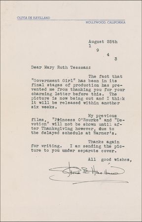 Lot #1182 Olivia de Havilland Typed Letter Signed - Image 1