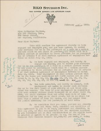 Lot #1256 Katharine Hepburn: Hepburn strikes her first long-term studio contract for the Oscar-winning 1933 film, Morning Glory - Image 1