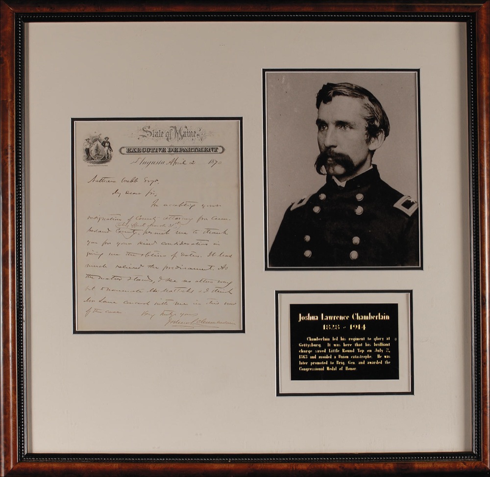 Lot 360 Joshua Lawrence Chamberlain: Chamberlain accepts the resignation of the Cumberland County county attorney as he toys with the idea of resigning as governor of Maine