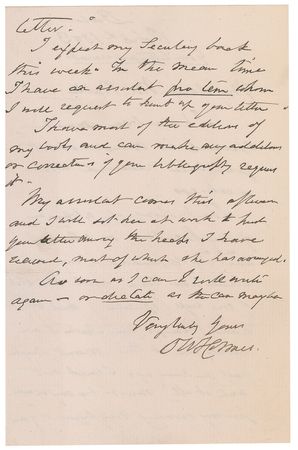 Lot #562 Oliver Wendell Holmes, Sr: Referring to his final work, Holmes offers: ?I have most of the editions of my book and can make my additions or corrections if your bibliography requires it? - Image 2
