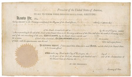 Lot #80 Thomas Jefferson and James Madison: Granting land in the Northwest Territory on the day the Electoral College selects Madison as the next president - Image 1