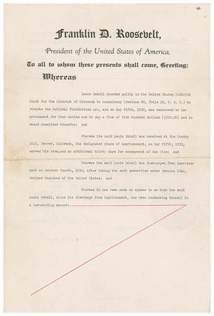 Lot #126 Franklin D. Roosevelt: FDR and newly-appointed Associate Justice Jackson grant a rare 1941 presidential pardon for a National Prohibition Act violation - Image 1