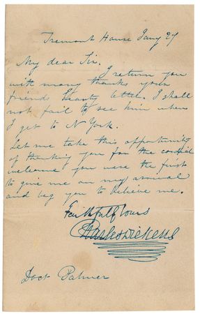 Lot #543. Charles Dickens: &ldquo; Let me take this opportunity of thanking you for the cordial welcome you were the first to give me on my arrival&rdquo;