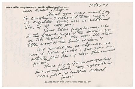 Lot #581 Henry Miller: Miller pens an excited and slightly incredulous letter to the owner of the Phoenix Book Shop: “And how did you or whoever arrive at prices quoted? Has someone actually paid some of these phenomenal prices?” - Image 1