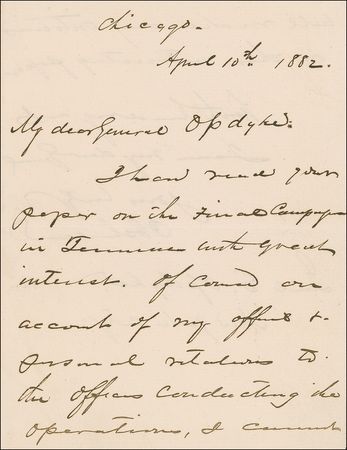 Lot #416 Philip H. Sheridan: The Yankee calvary commander “cannot well make any criticisms” to the colonel who saved the Union at the Battle of Franklin - Image 1