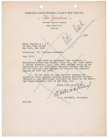 Lot #1608 NY Yankees: Larry and Lee MacPhail Typed Letter Signed and Memo - Image 1