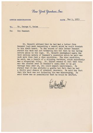 Lot #1608 NY Yankees: Larry and Lee MacPhail Typed Letter Signed and Memo - Image 2