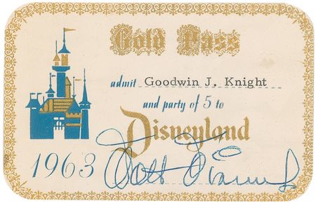 Lot #632 Walt Disney: An extremely rare 1963 Gold Pass to The Magic Kingdom, signed by Disney and issued to the governor of California - Image 1