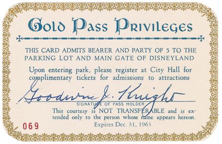 Lot #632 Walt Disney: An extremely rare 1963 Gold Pass to The Magic Kingdom, signed by Disney and issued to the governor of California - Image 2