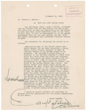 Lot #214 Thomas Edison: Edison seeks to acquire patents for the Bull-Con Lode Mining Claim while preparing the strike for lithium mining to power electric cars - Image 3
