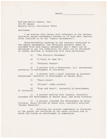 Lot #1370 Robert Redford: Redford sets his agency straight and proclaims: “my current price in the marketplace for a motion picture is $3,000,000” - Image 1