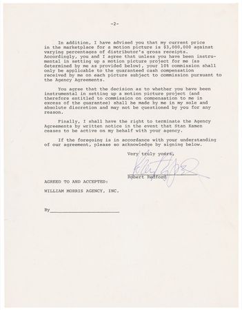 Lot #1370 Robert Redford: Redford sets his agency straight and proclaims: “my current price in the marketplace for a motion picture is $3,000,000” - Image 2
