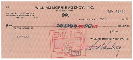 Lot #758 Sam Cooke: Rare William Morris Agency check endorsed by Cooke - Image 1
