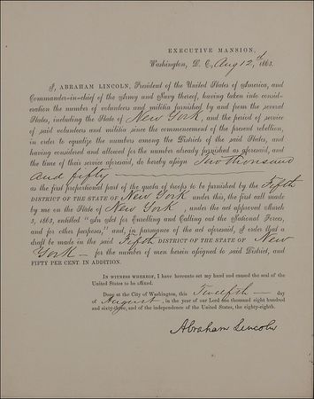 Lot #93 Abraham Lincoln: Lincoln calls for New York troops in the draft which incited riots in the streets - Image 2