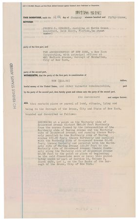 Lot #87 John, Robert, and Joseph Kennedy: John, his brother Robert, and father Joseph, transfer Bronx property to the Archbishop of New York after JFK wins his Massachusetts senate seat and heads for Washington in 1953 - Image 1