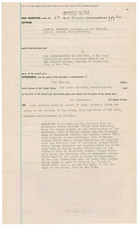 Lot #87 John, Robert, and Joseph Kennedy: John, his brother Robert, and father Joseph, transfer Bronx property to the Archbishop of New York after JFK wins his Massachusetts senate seat and heads for Washington in 1953 - Image 3