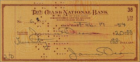 Lot #1171 James Dean: Triple-signed Dean check cashed at his New York watering hole, shortly before starting on East of Eden - Image 1