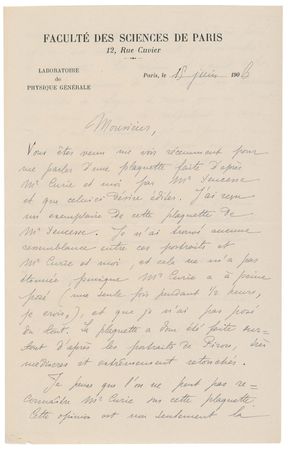 Lot #191 Marie Curie: Madame Curie seeks a proper way to memorialize her recently deceased husband: “I have found no resemblance between these portraits and Mr. Curie...I cannot as far as I am concerned give my approval” - Image 1