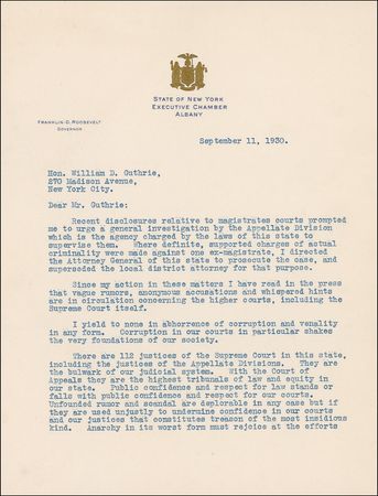 Lot #102 Franklin D. Roosevelt: Roosevelt promises the clean-up of the New York judicial system: ?Corruption in our courts?shakes the very foundation of our society? - Image 1
