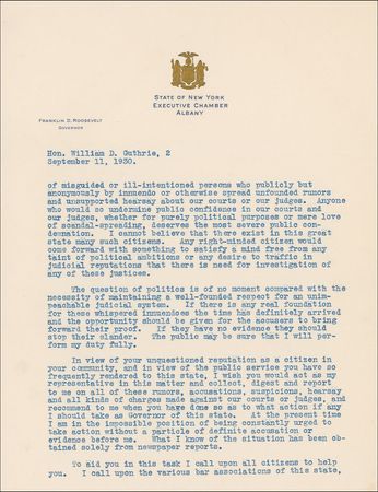 Lot #102 Franklin D. Roosevelt: Roosevelt promises the clean-up of the New York judicial system: ?Corruption in our courts?shakes the very foundation of our society? - Image 2