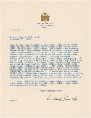 Lot #102 Franklin D. Roosevelt: Roosevelt promises the clean-up of the New York judicial system: ?Corruption in our courts?shakes the very foundation of our society? - Image 3