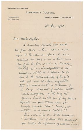 Lot #279 William Ramsay: ?It is suggested that this radioactivity is the cause of the large deposits of sodium nitrate??Chile? Saltpetre? - Image 1