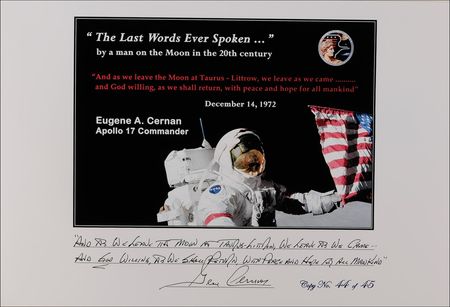 Lot #415 Apollo 17: Gene Cernan: ?And as we leave the Moon at ?Taurus?Littrow,? we leave as we came?and God willing, as we shall return, with peace and hope for all mankind? - Image 1