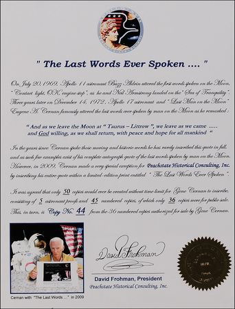 Lot #415 Apollo 17: Gene Cernan: ?And as we leave the Moon at ?Taurus?Littrow,? we leave as we came?and God willing, as we shall return, with peace and hope for all mankind? - Image 2