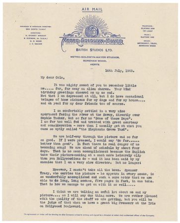 Lot #1091 George Cukor: Cukor raves to Cole Porter about the filming of his 1949 Oscar-nominated film, Adam?s Rib - Image 1