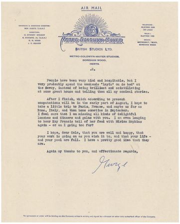 Lot #1091 George Cukor: Cukor raves to Cole Porter about the filming of his 1949 Oscar-nominated film, Adam?s Rib - Image 2