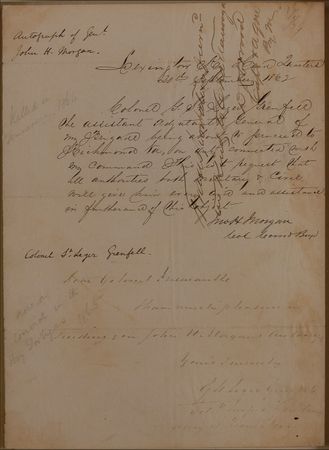 Lot #372 John Hunt Morgan: Morgan issues an 1862 pass to Colonel Grenfell to secure an independent command and $250,000 of supplies for his Kentucky dragoons - Image 2