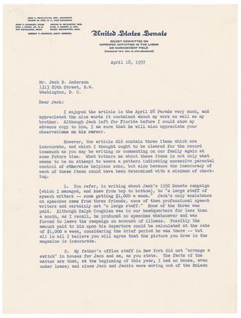 Lot #240 Robert F. Kennedy: Bobby defends his and JFK's image, especially regarding the portrayal that they are controlled by their father - Image 1