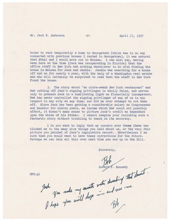 Lot #240 Robert F. Kennedy: Bobby defends his and JFK's image, especially regarding the portrayal that they are controlled by their father - Image 2