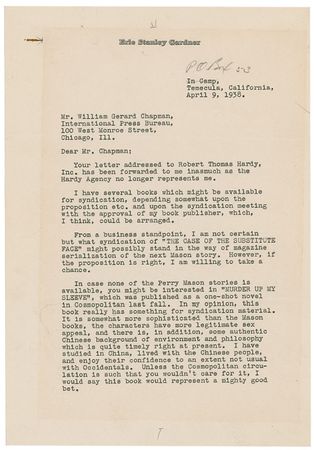 Lot #564 Erle Stanley Gardner: Gardner hawks a non-Perry Mason story for syndication: “It is somewhat more sophisticated than the Mason books, the characters have more legitimate sex appeal” - Image 1
