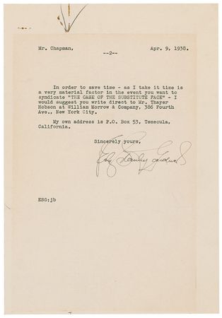 Lot #564 Erle Stanley Gardner: Gardner hawks a non-Perry Mason story for syndication: “It is somewhat more sophisticated than the Mason books, the characters have more legitimate sex appeal” - Image 2