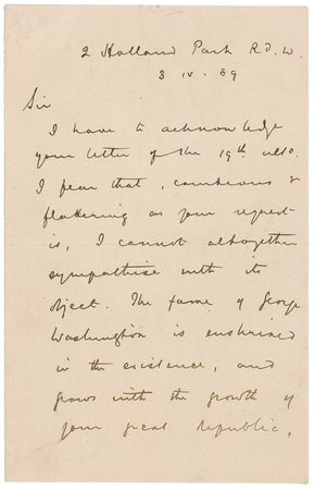 Lot #589 Frederick Leighton: “The fame of George Washington is enshrined in the existence, and grows with the growth of your great republic” - Image 1