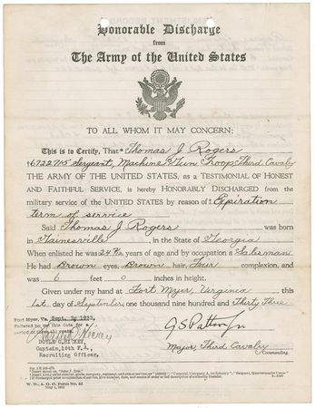 Lot #374 George S. Patton: Patton gives his approval to an honorable discharge of a machine gunner - Image 1