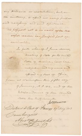 Lot #1644 James Monroe: A pass for British ship Emperor during the War of 1812 - Image 2
