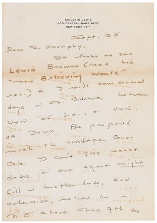 Lot #591 Sinclair Lewis: Lewis instructs a friend upon his trip to New Orleans, “Be prepared with the vintage Coca-Cola” - Image 1