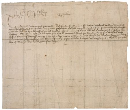 Lot #243 King Henry VIII: A rare 1517 letter to Sir Randolph Brereton, Chamberlain of the County of Palatine of Chester, appointing William Vernon as burgess - Image 1