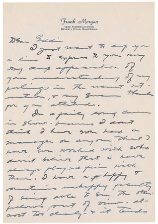 Lot #1318 Wizard of Oz: Frank Morgan: Morgan pens a polite—and pleading—letter to the Don of Hollywood - Image 1