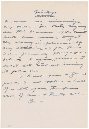 Lot #1318 Wizard of Oz: Frank Morgan: Morgan pens a polite—and pleading—letter to the Don of Hollywood - Image 2