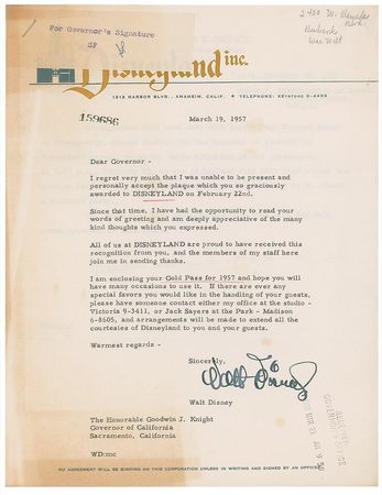 Lot #660 Walt Disney: Disney sends a desirable 1957 Gold Pass to the sitting governor of California - Image 1