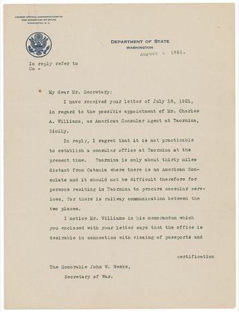Lot #304 Supreme Court: Charles Evans Hughes: “I regret that it is not practicable to establish a consular office at Taormina at the present time” - Image 1