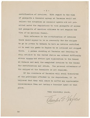 Lot #304 Supreme Court: Charles Evans Hughes: “I regret that it is not practicable to establish a consular office at Taormina at the present time” - Image 2