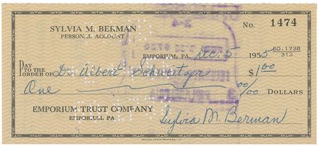 Lot #286 Albert Schweitzer Check - Image 1