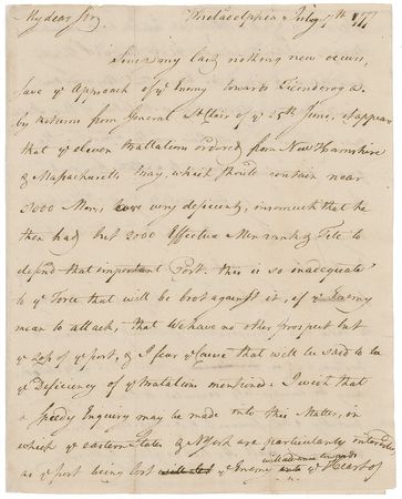 Lot #1582 Elbridge Gerry: ?Since my last nothing new occurs, save ye approach of ye Enemy towards Ticonderoga? A day after the siege had ended in surrender, Gerry predicts the demise of the ill-prepared fort - Image 1