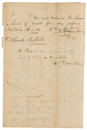 Lot #1705 Alexander Hamilton: Hamilton and his wife sign for a chord of wood - Image 1