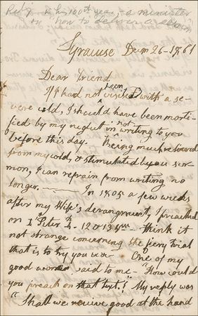 Lot #1779 Daniel Waldo: The clergyman offers words of hope to a fellow man of the cloth: “I hope your sermon will do the young men good, or prepare them to die gloriously in or out of battle” - Image 1